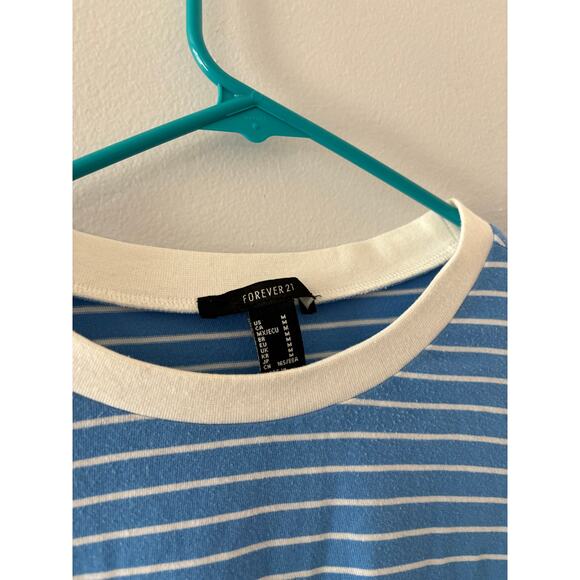 Forever 21 Top Women's Medium Blue White Striped Tie Front Ringer Tee Preppy - Picture 2 of 5